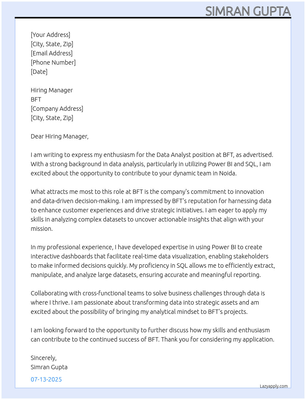 Data Analyst At BFT Cover Letter