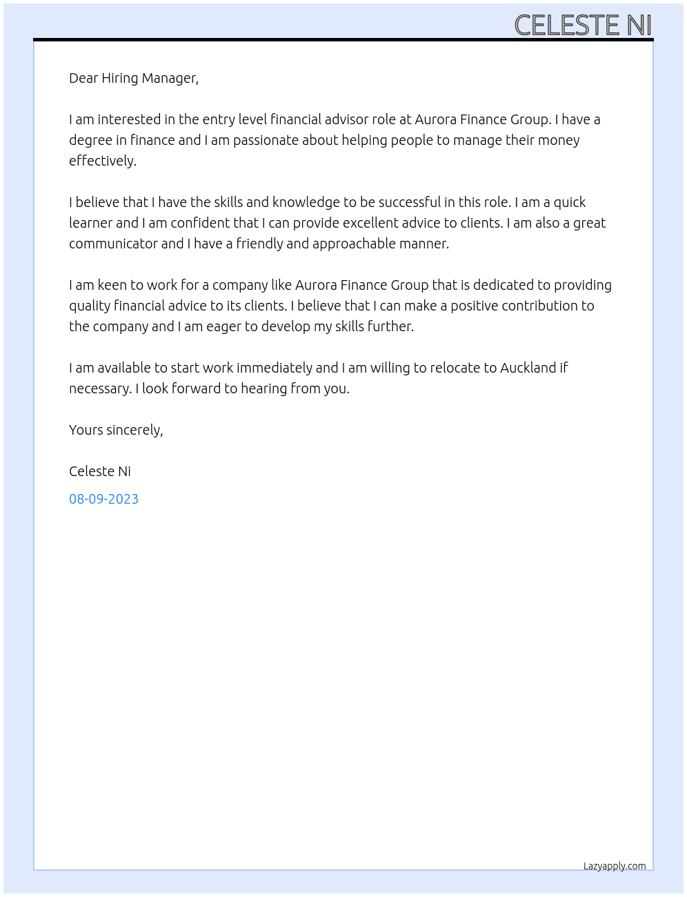 Entry level financial advisor At Aurora Finance group Cover Letter