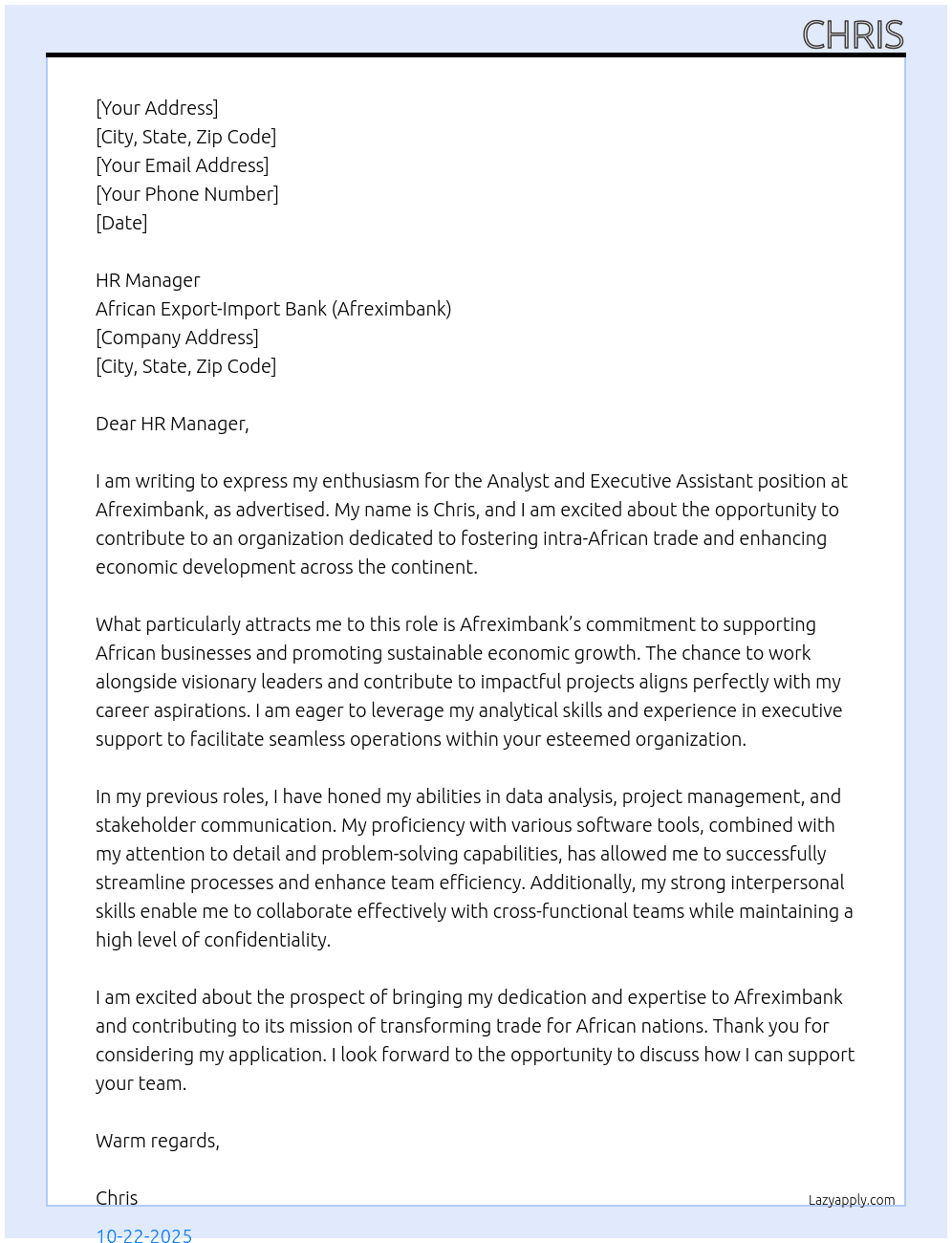 Cover letter for analyst and executive assistant - LazyApply