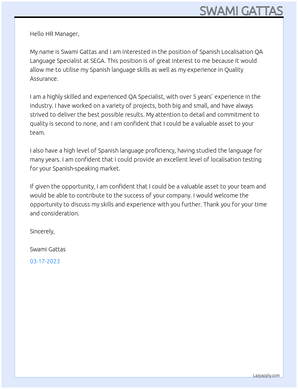 Spanish Localisation QA Language Specialist At SEGA Cover Letter