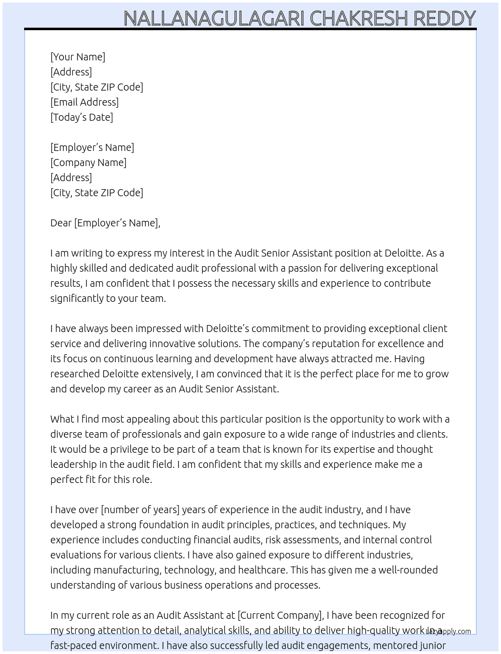Audit Senior assistant At Ddeloitte Cover Letter