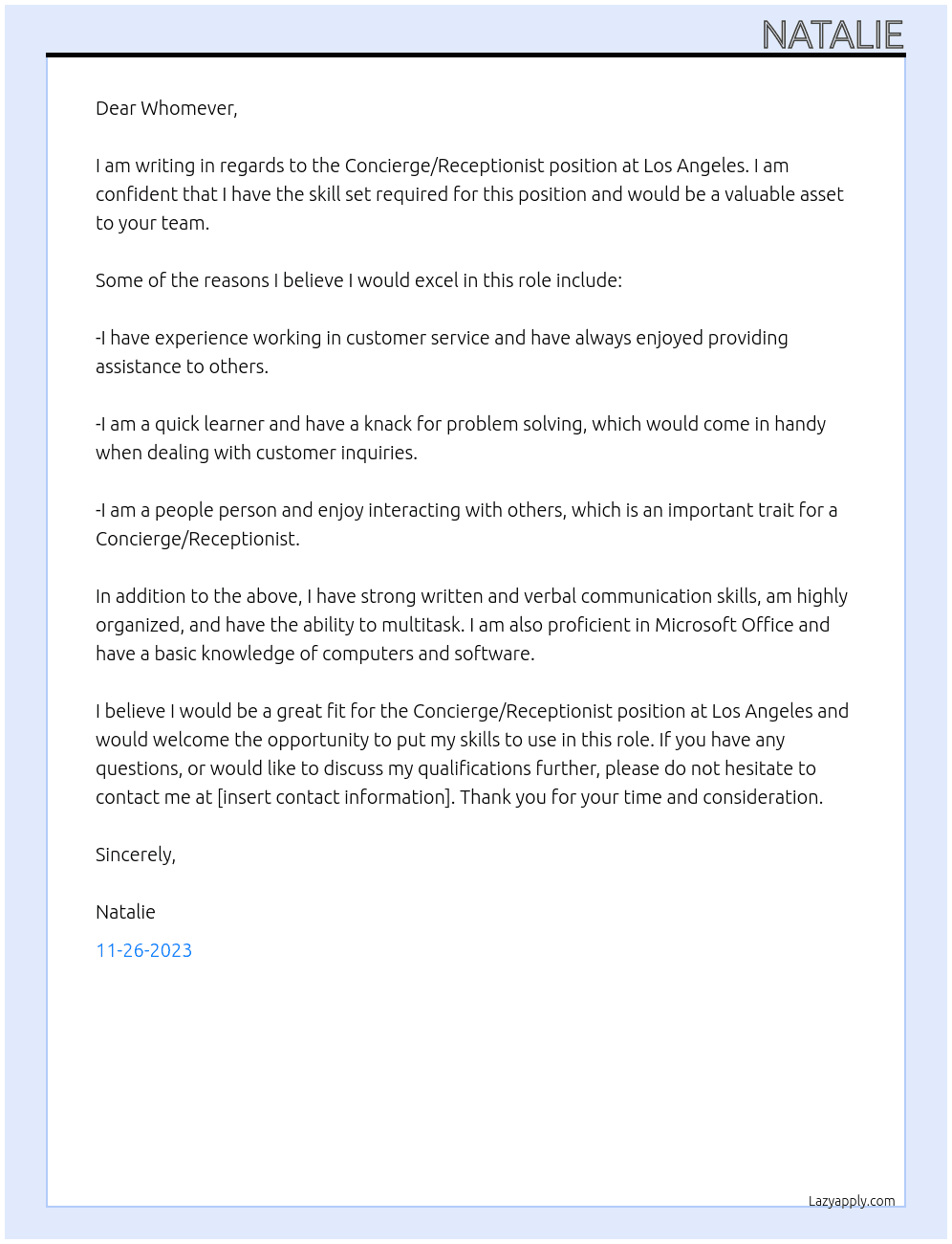  Concierge/Receptionist At Los Angeles  Cover Letter