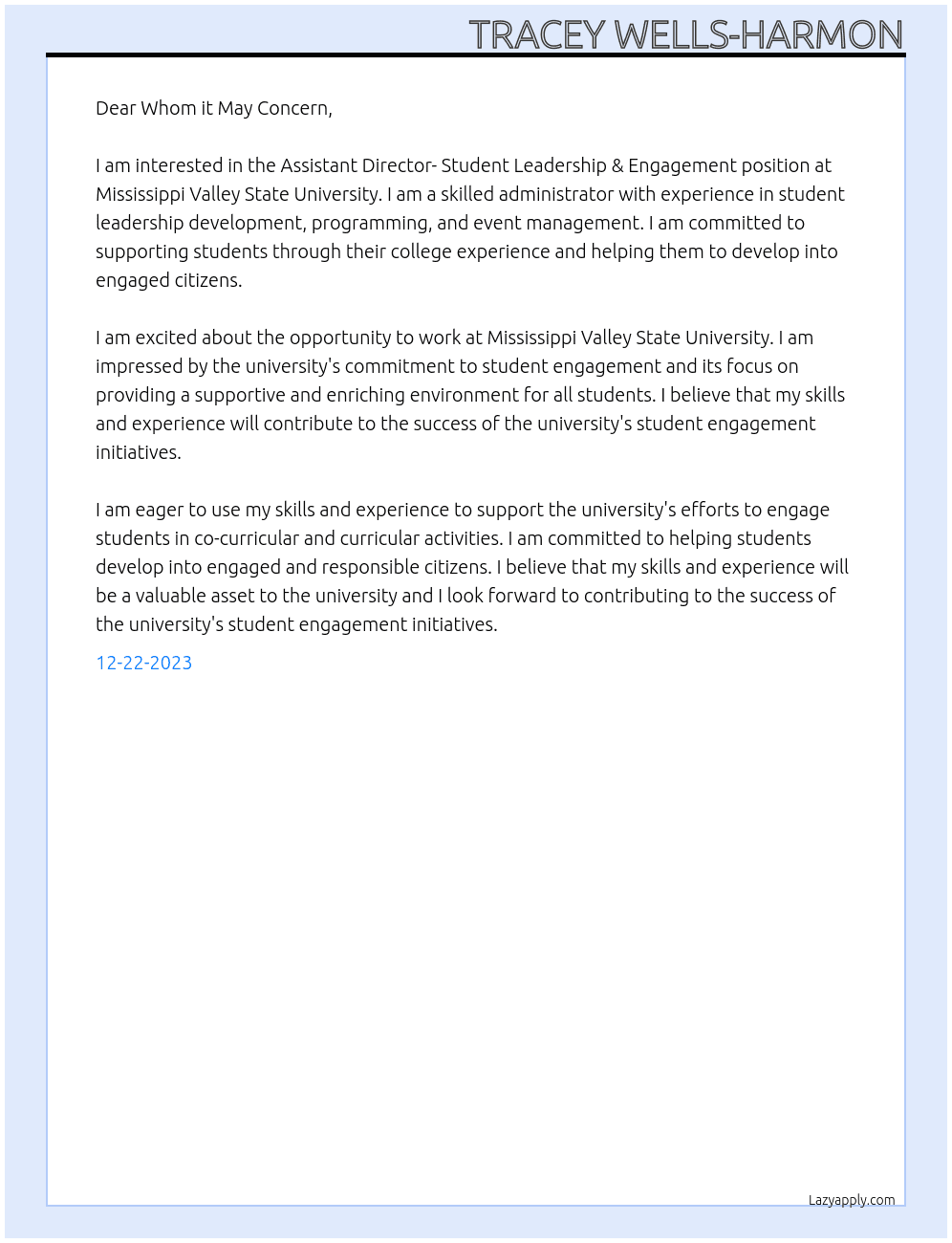  |Assistant Director- Student Leadership & Engagement At Mississippi Valley State University Cover Letter