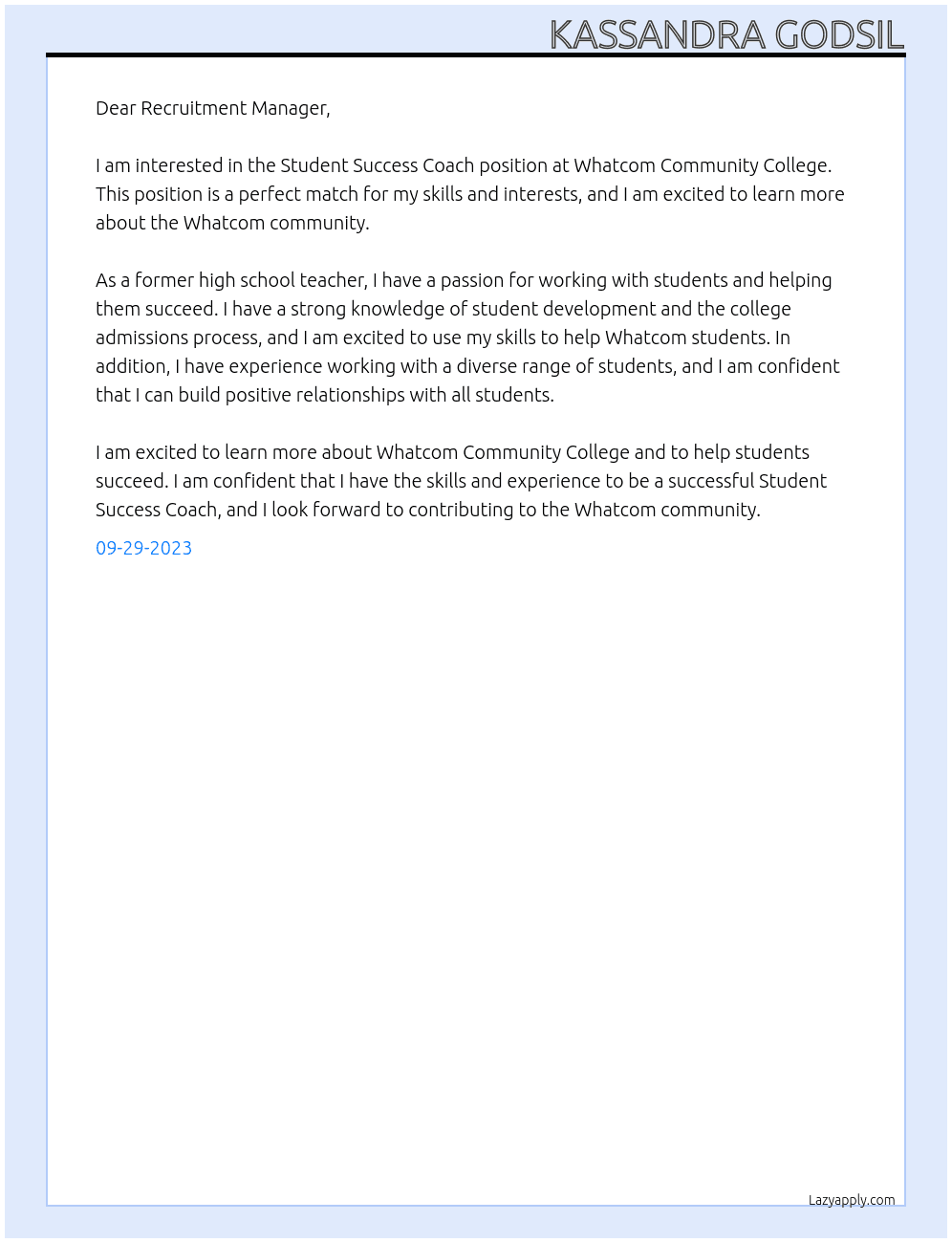 Student Success Coach  At Whatcom Community College Cover Letter