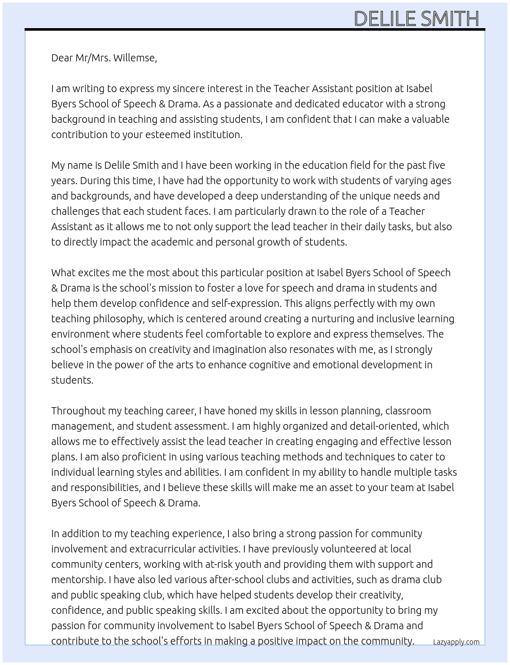 Teacher assistant At Isabel Byers School of Speech & Drama Cover Letter