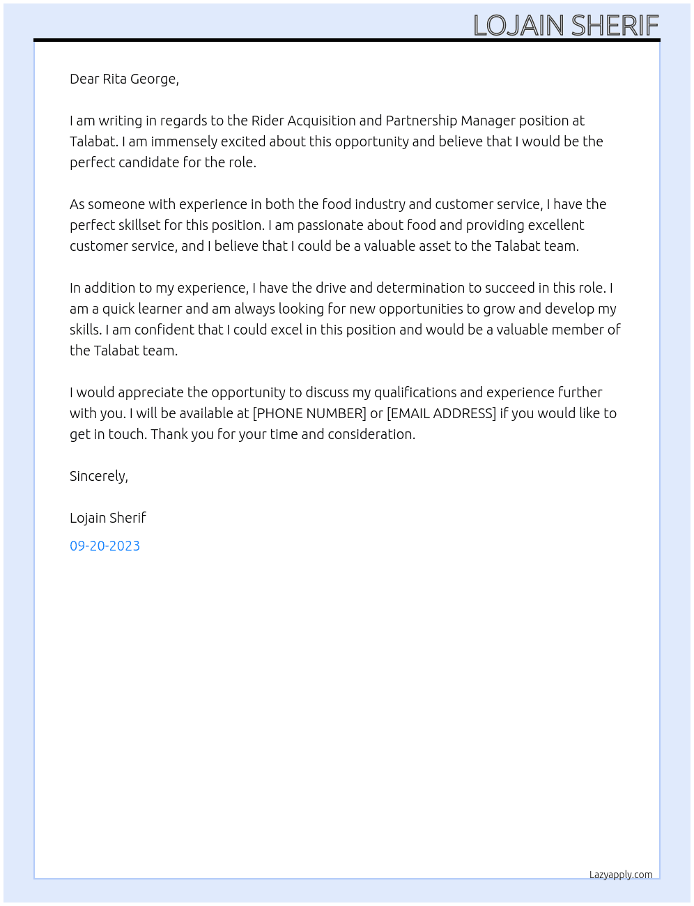 Rider Acquisition and Partnership Manager At Talabat Cover Letter