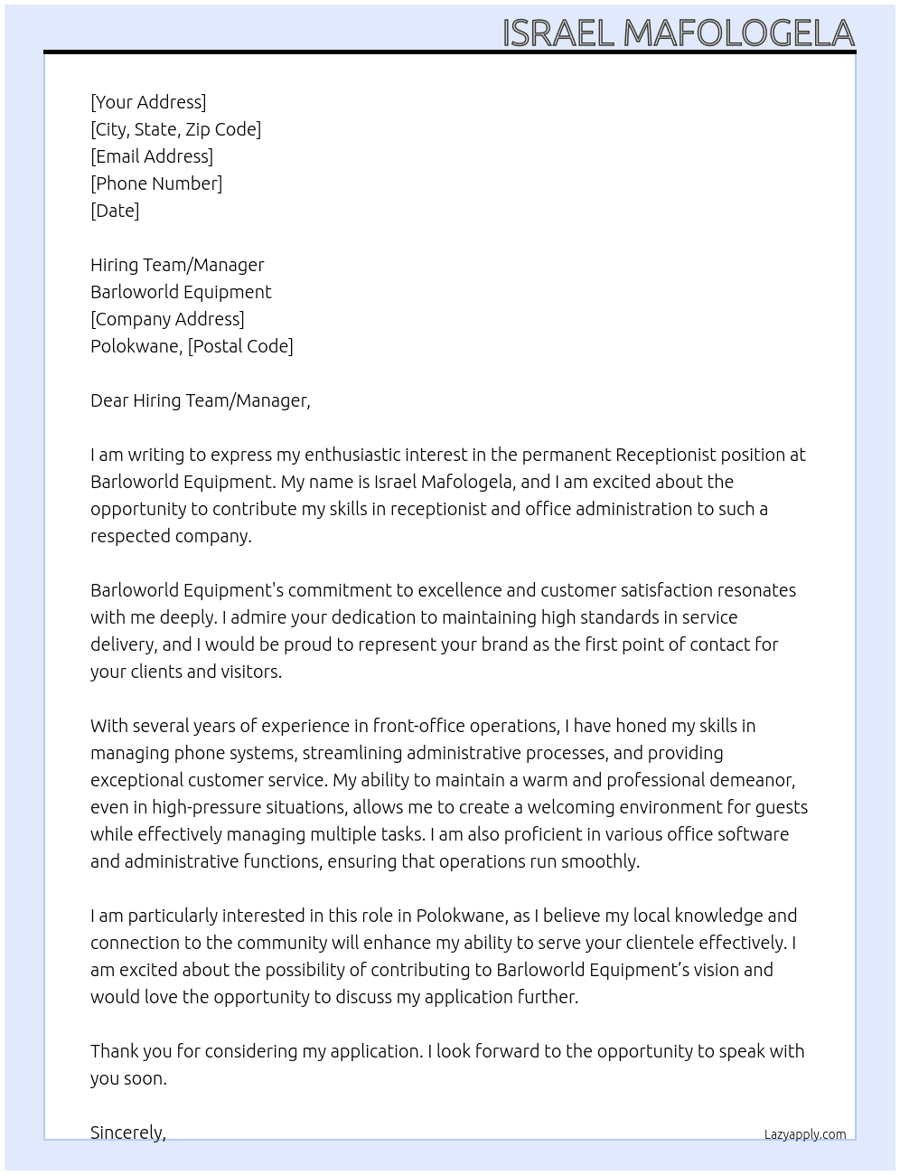 Receptionist At Barloworld Equipment Cover Letter
