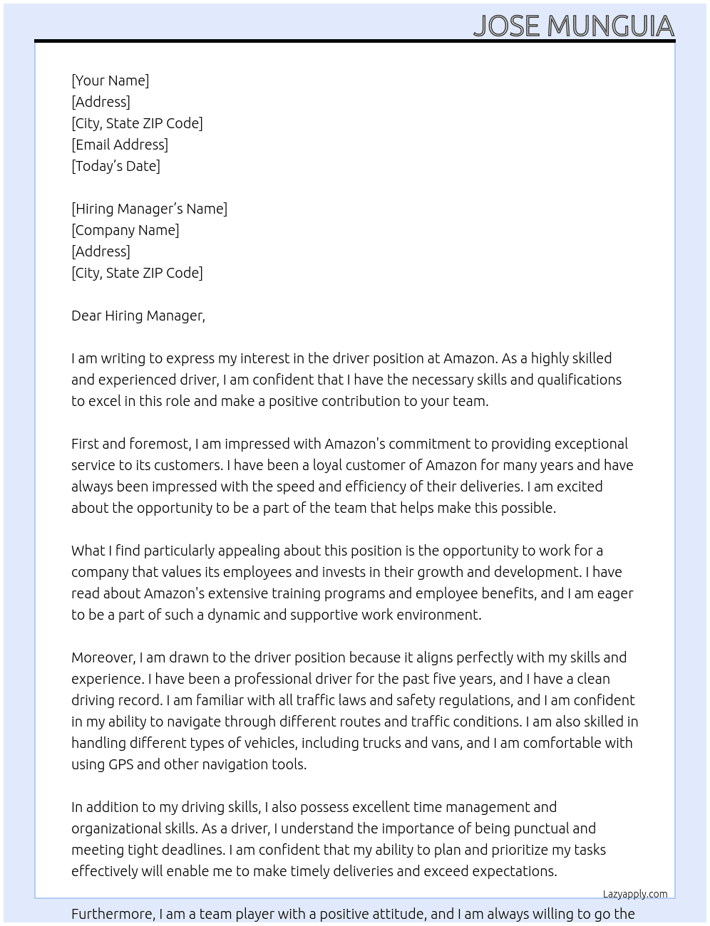 driver At Amazon driver Cover Letter
