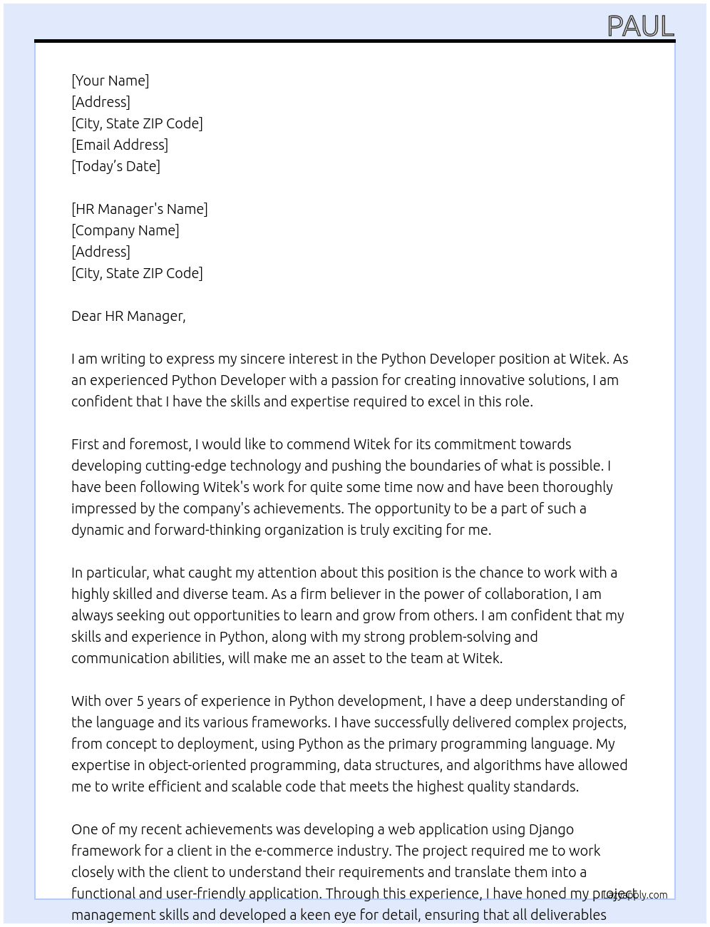 Python Developer At Witek Cover Letter