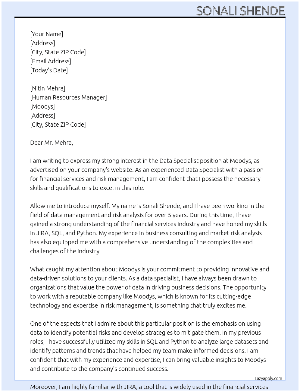 Data Specialist At moodys Cover Letter