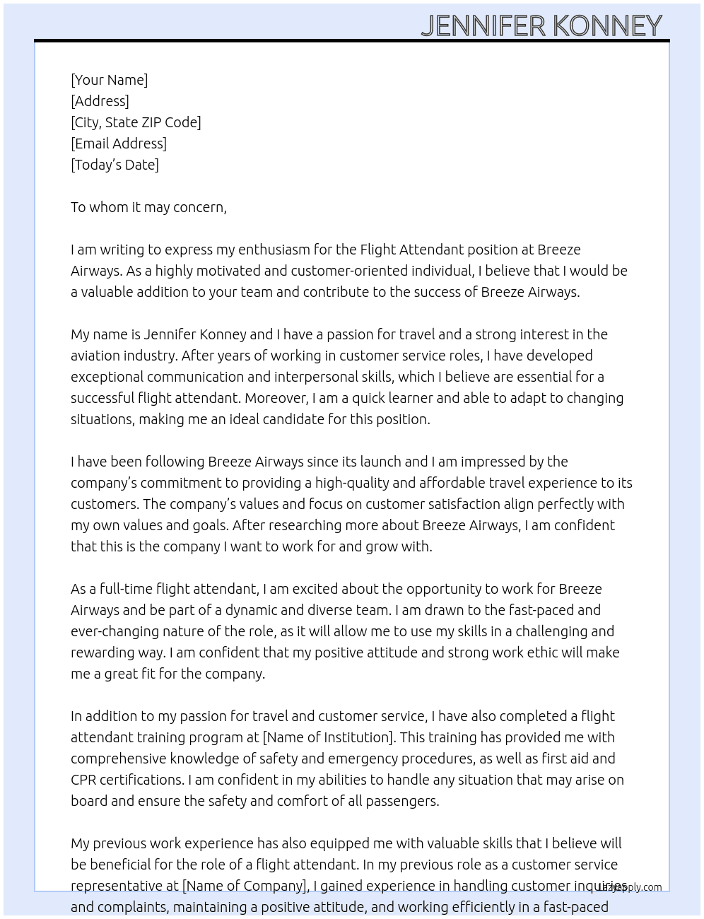Flight attendant At Breeze airways Cover Letter