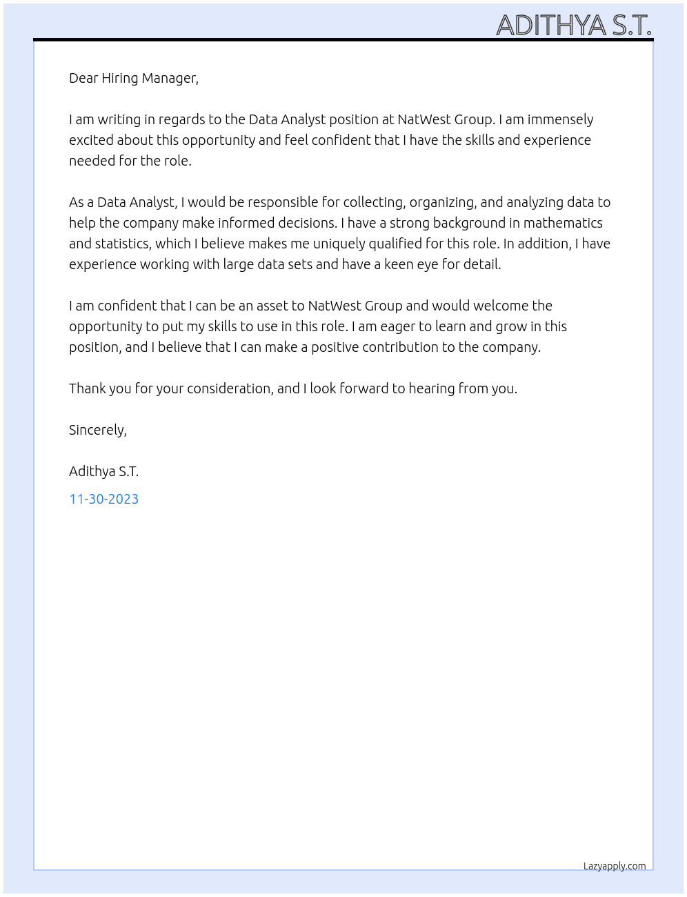 Data Analyst At NatWest Group Cover Letter