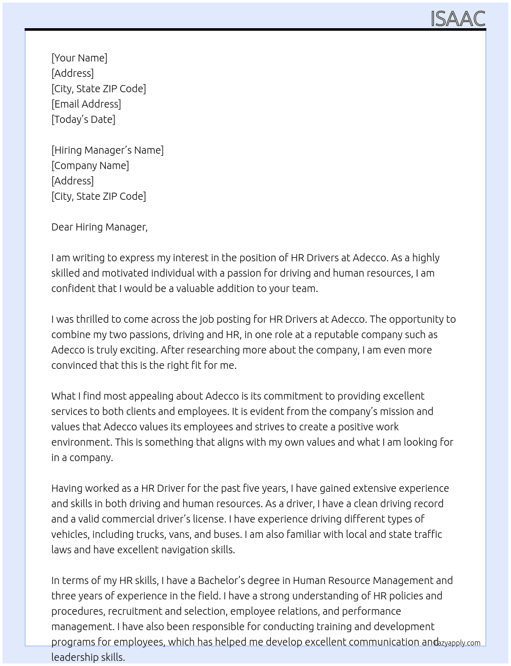 HR Drivers At Adecco Cover Letter