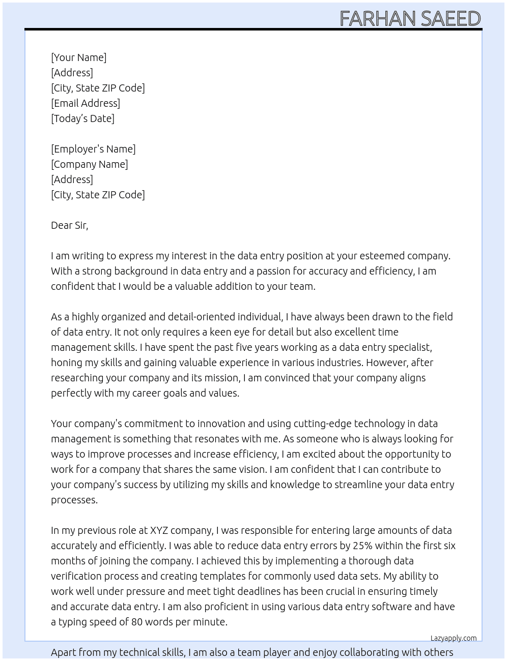 data entery At your company Cover Letter