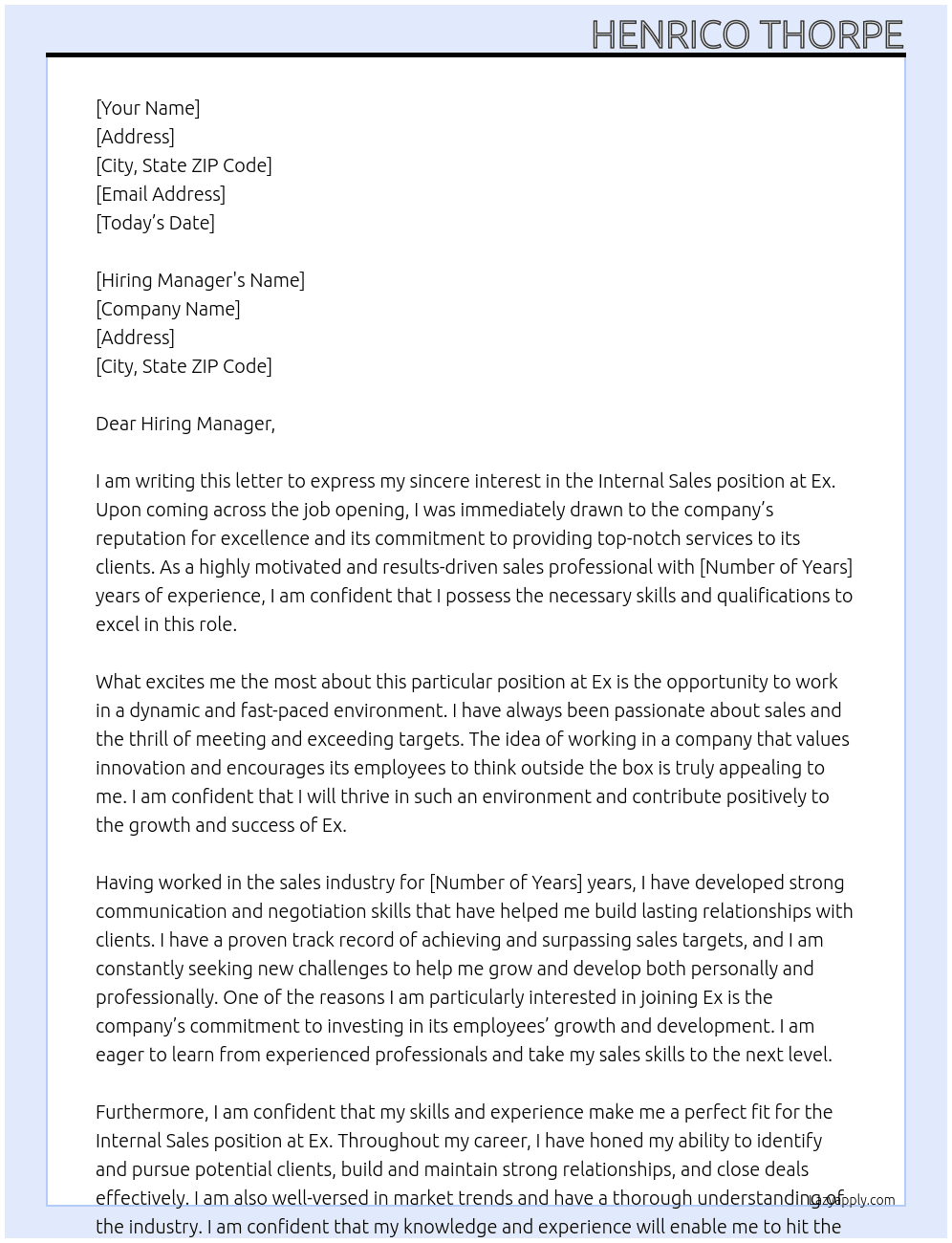 Internal sales At Ex Cover Letter