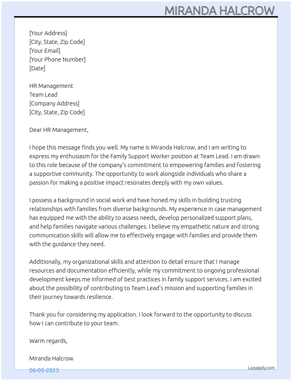 Family support worker  At Team lead  Cover Letter