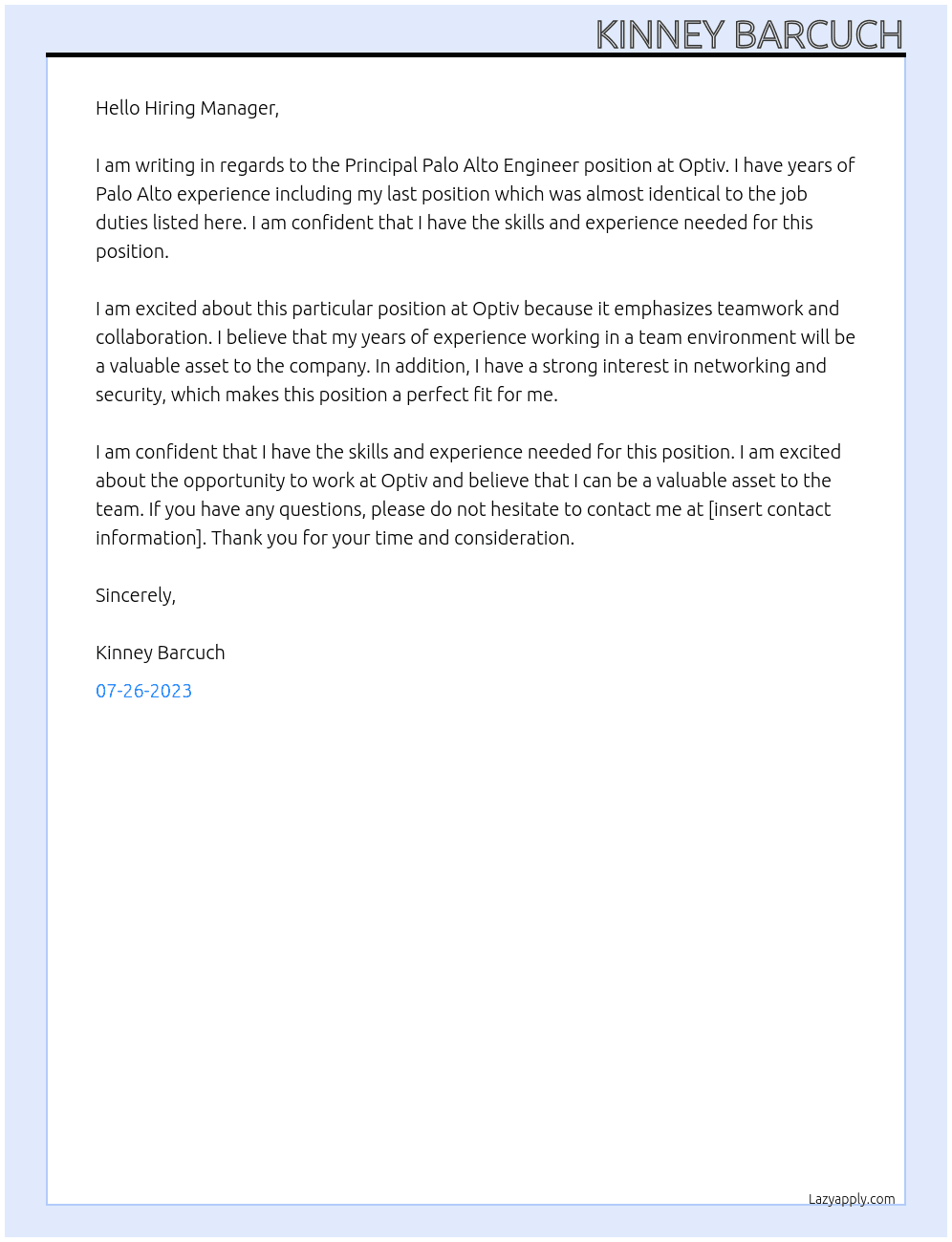 Principal Palo Alto Engineer At Optiv Cover Letter