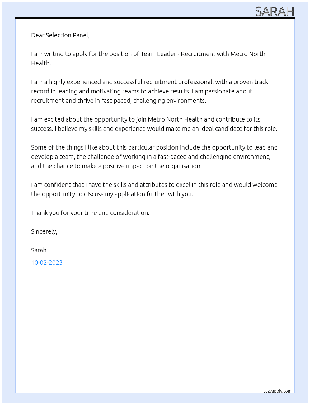 Team Leader - Recruitment  At Metro North HEalth  Cover Letter