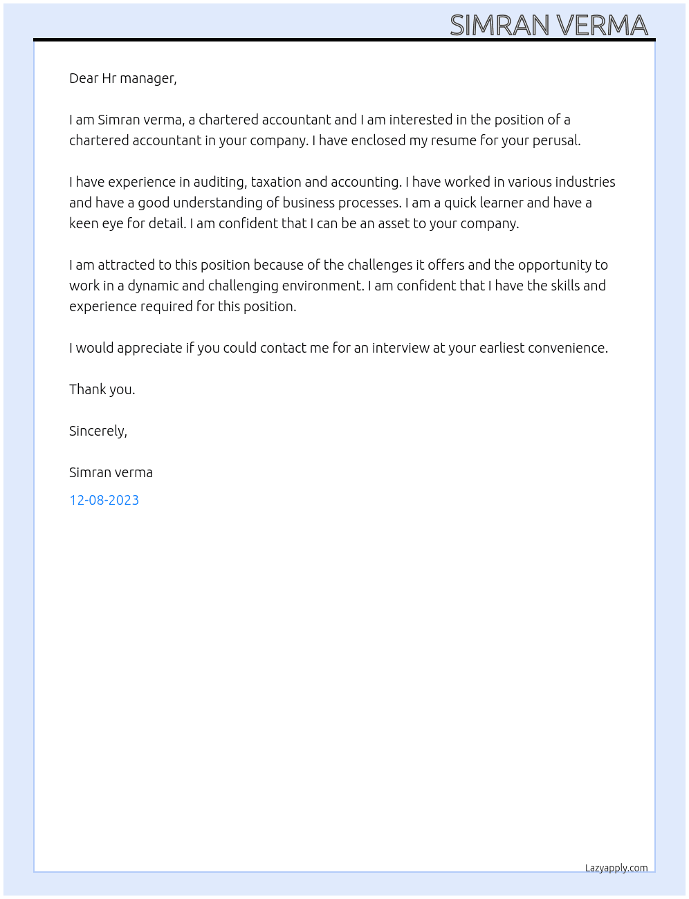 Chartered accountant  At McKinsey  Cover Letter