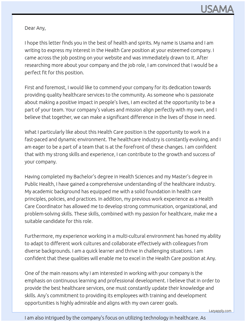 Health care  At Any  Cover Letter
