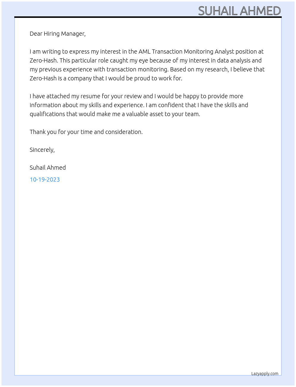 AML Transaction monitoring Analyst At Zero-Hash Cover Letter