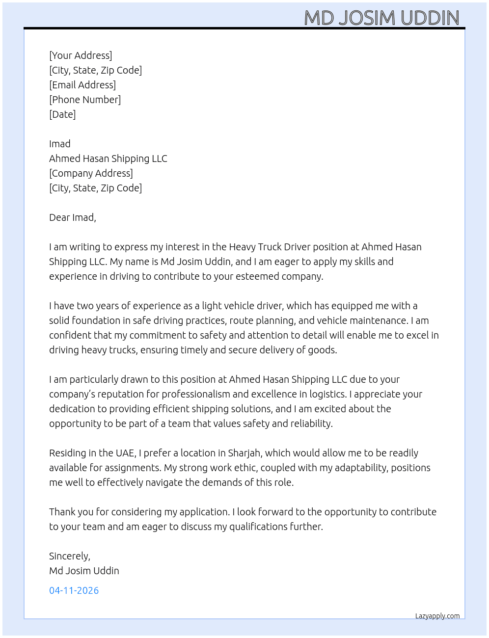 Heavy truck driver  At Ahmed Hasan shipping LLC  Cover Letter