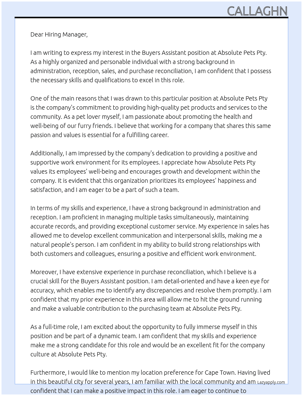 Cover letter for buyers assistant - LazyApply