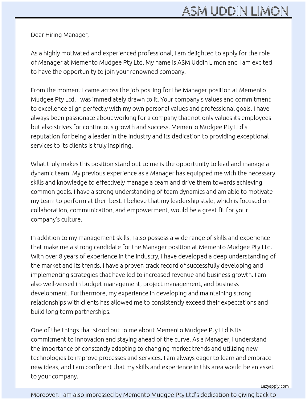 Manager  At Memento Mudgee Pty ltd  Cover Letter
