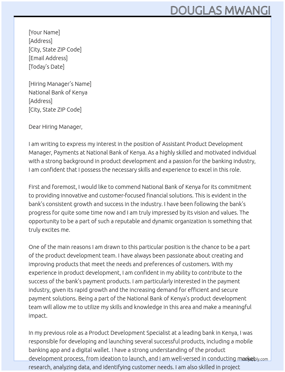 Assistant Product Development Manager, Payments At National Bank of Kenya Cover Letter