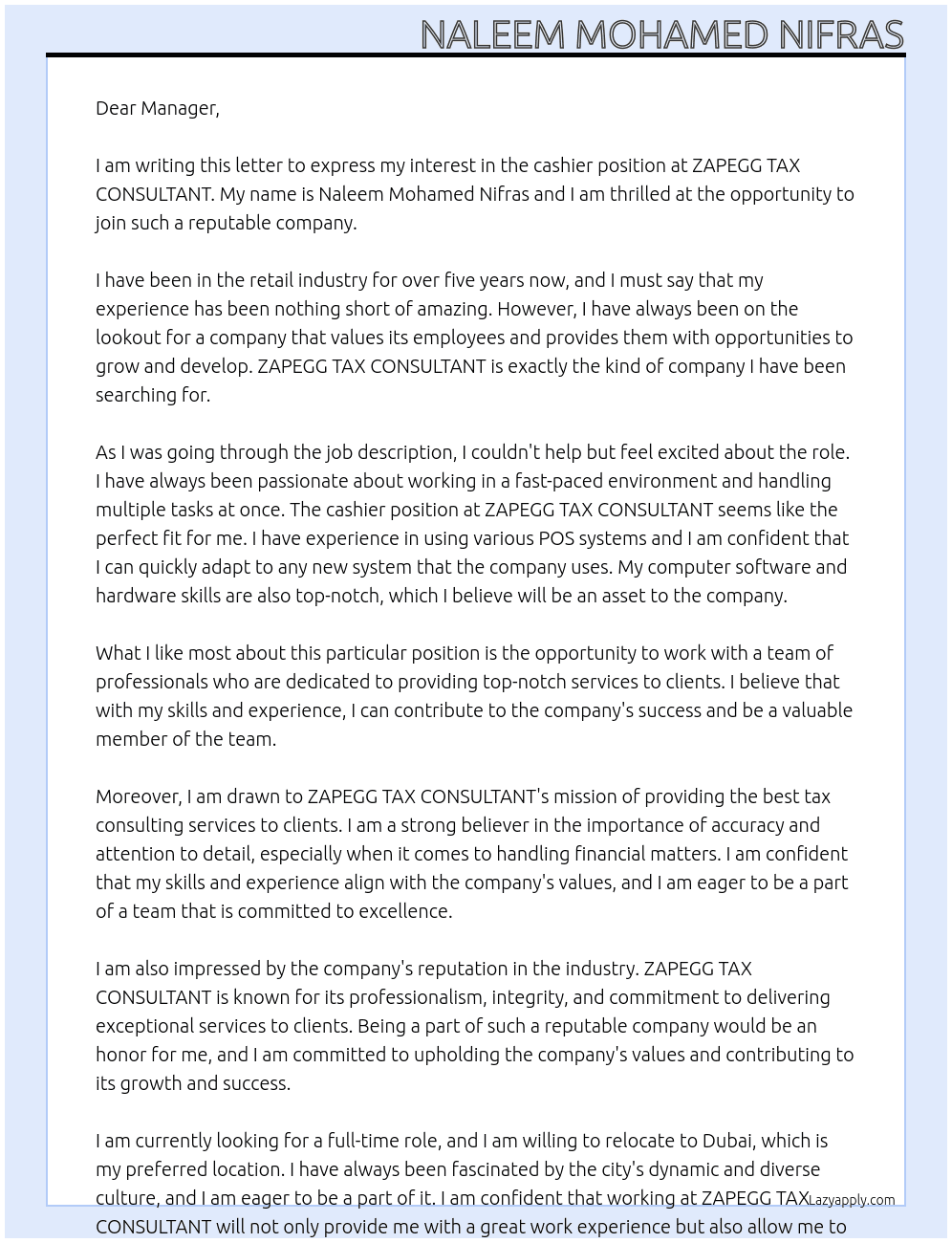 cashier At ZAPEGG TAX CONSULTANT Cover Letter