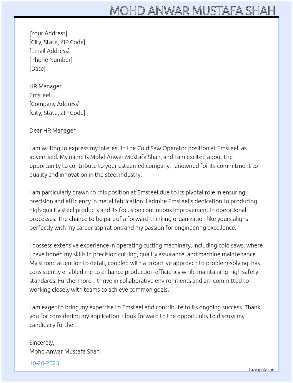 Cold saw Operater  At Emsteel Cover Letter