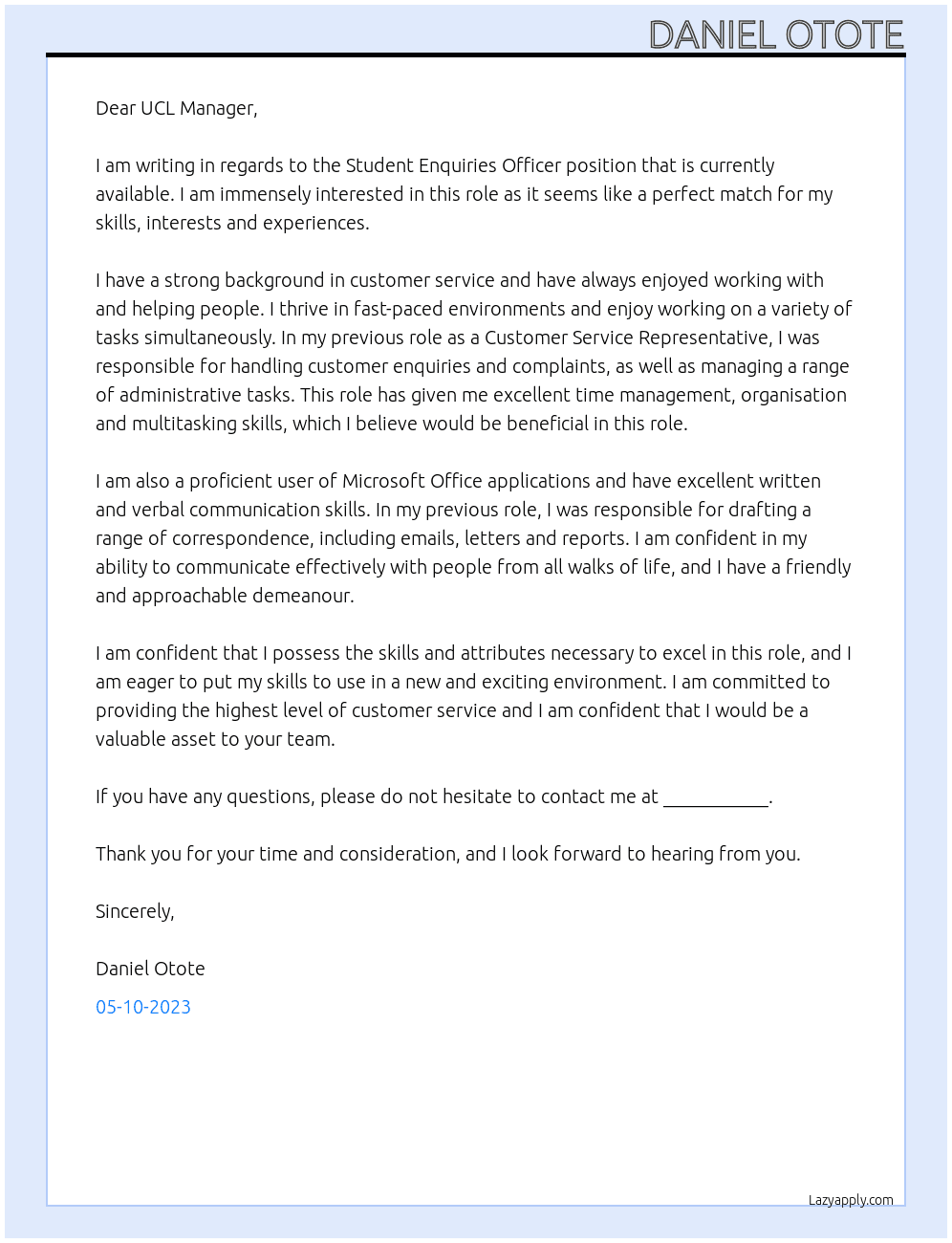 Student Enquiries Officer At UCL  Cover Letter