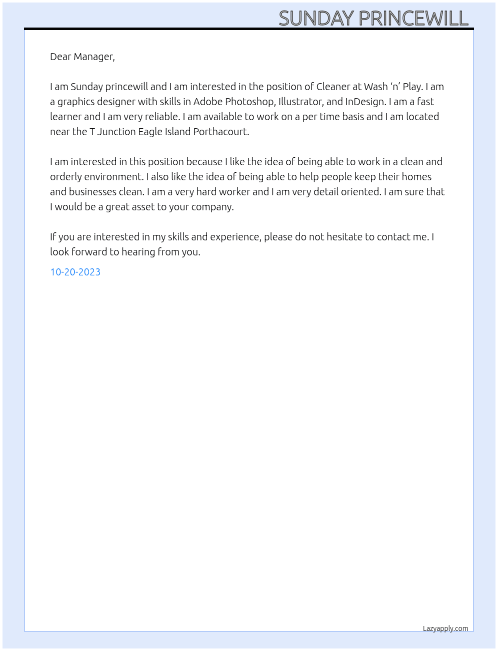 Cleaner At Wash ‘n’ Play Cover Letter