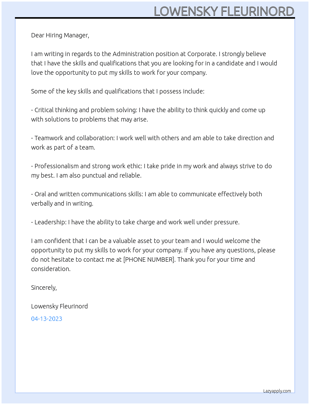 Administration  At Corporate  Cover Letter