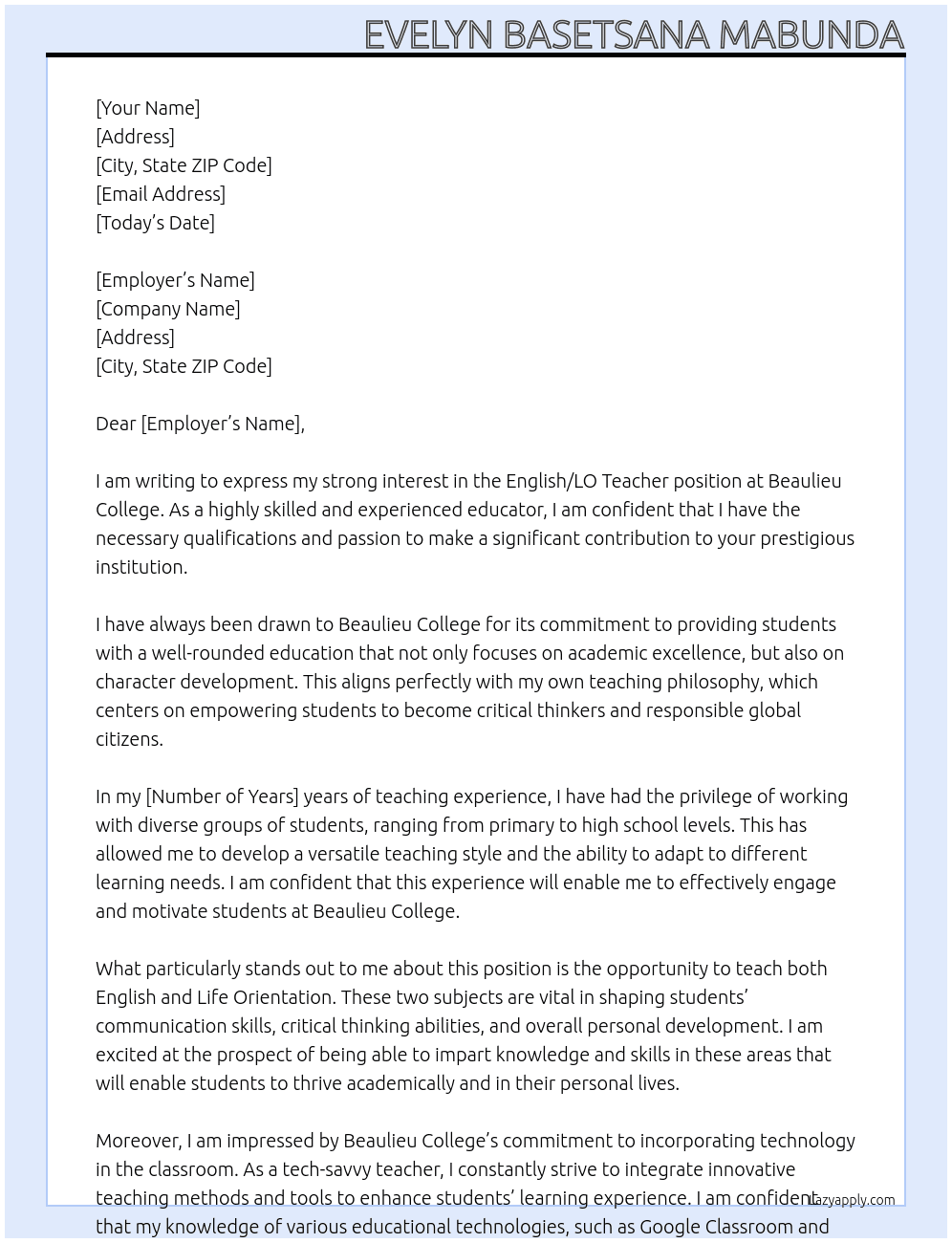 English/LO Teacher At Beaulieu College Cover Letter