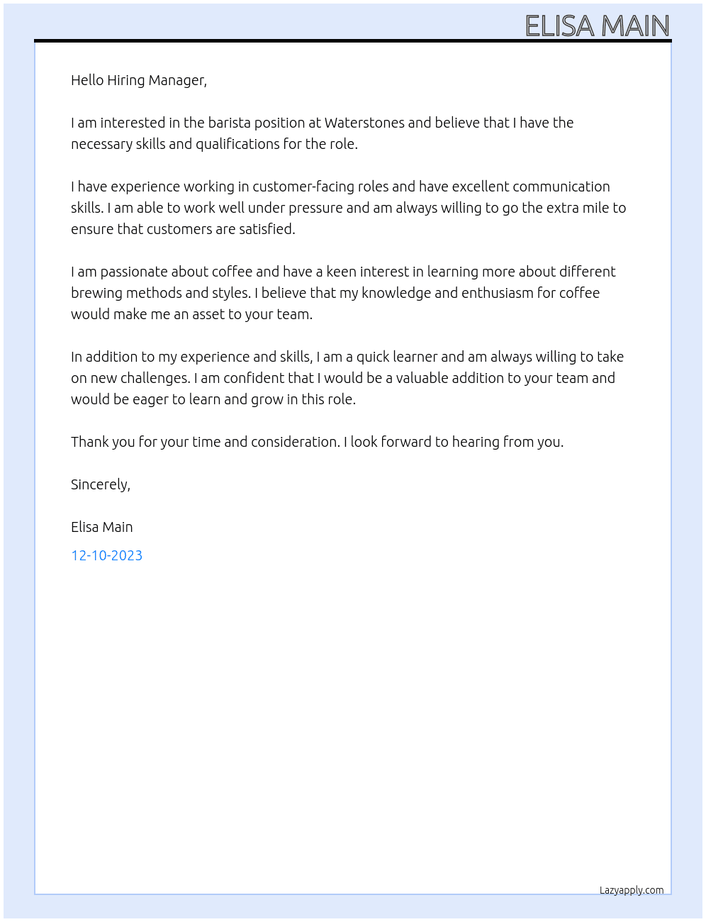 Barista At Waterstones Cover Letter