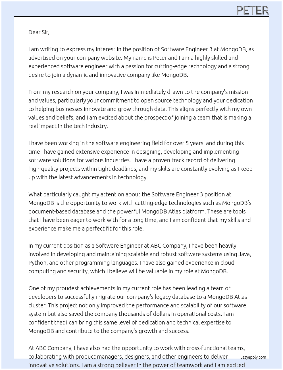 Cover letter for software engineer 3 - LazyApply