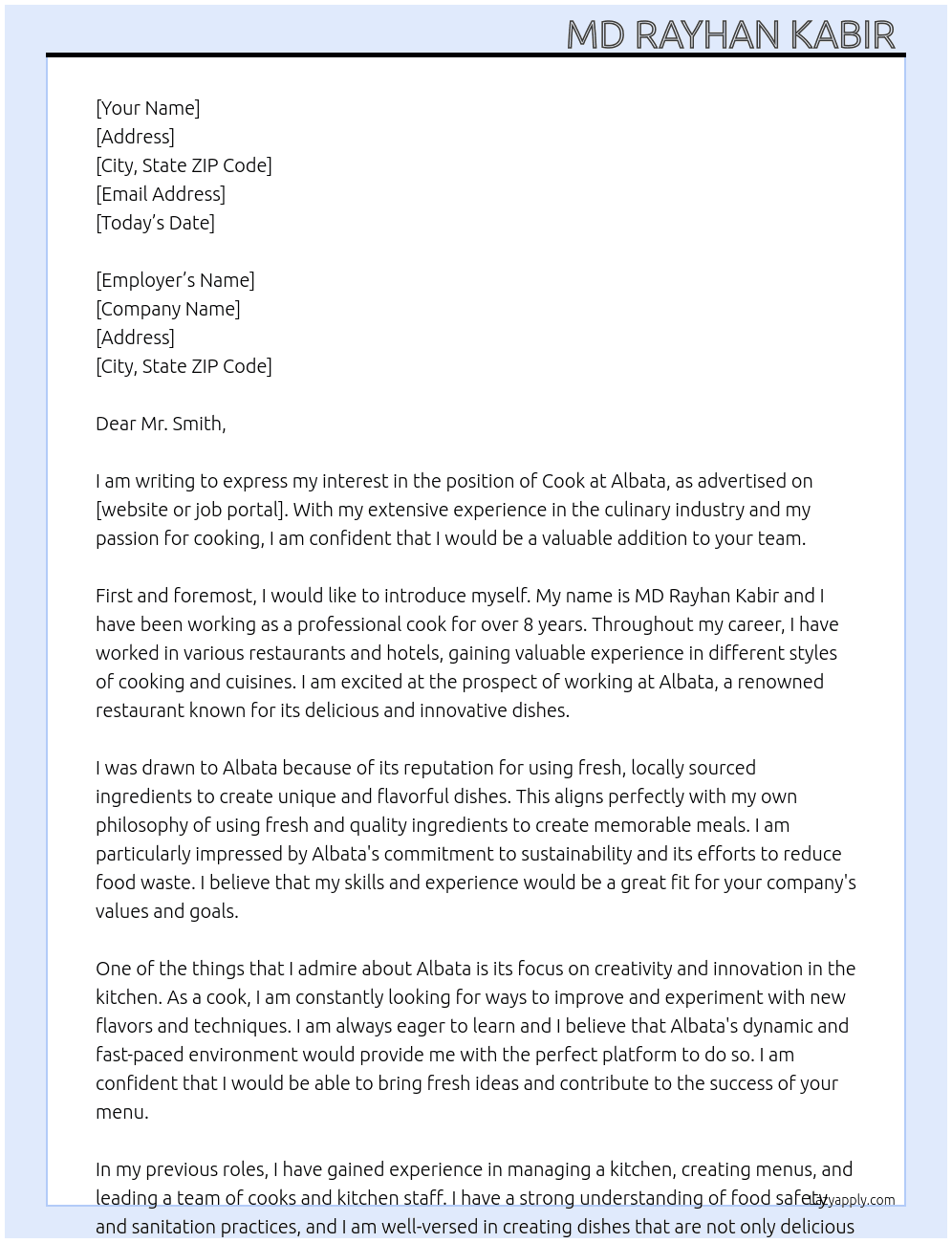 COOK At Albata Cover Letter