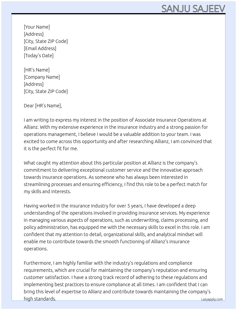 Associate insurance operations At Allianz Cover Letter