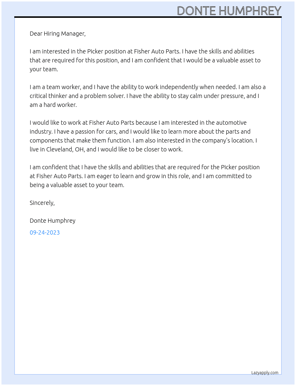 Picker At Fisher Auto Parts Cover Letter