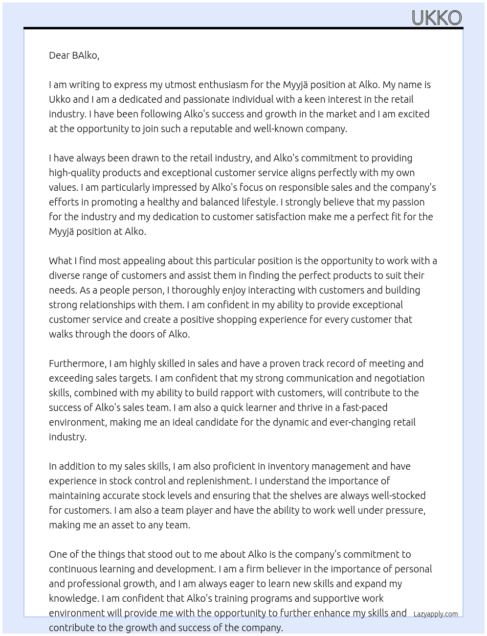 Myyjä At Alko Cover Letter