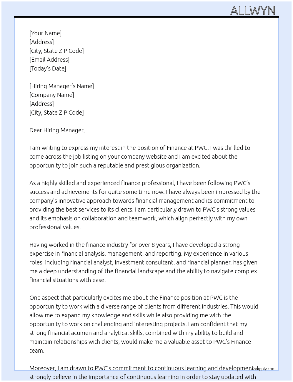 Finance  At PWC Cover Letter