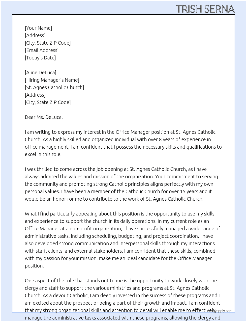 Office Manager At St. Agnes Catholic Church Cover Letter