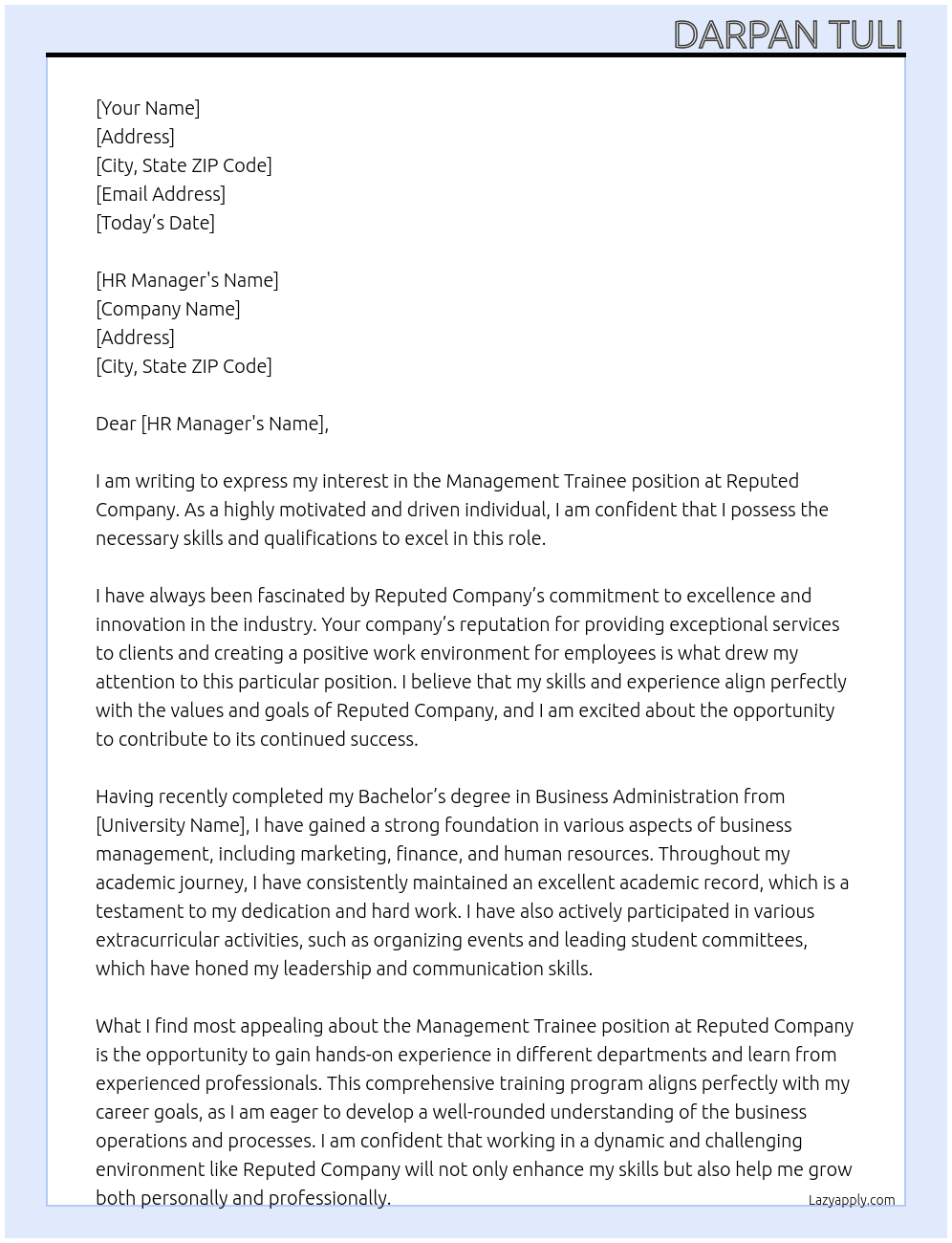 Management Trainee At Reputed Company Cover Letter