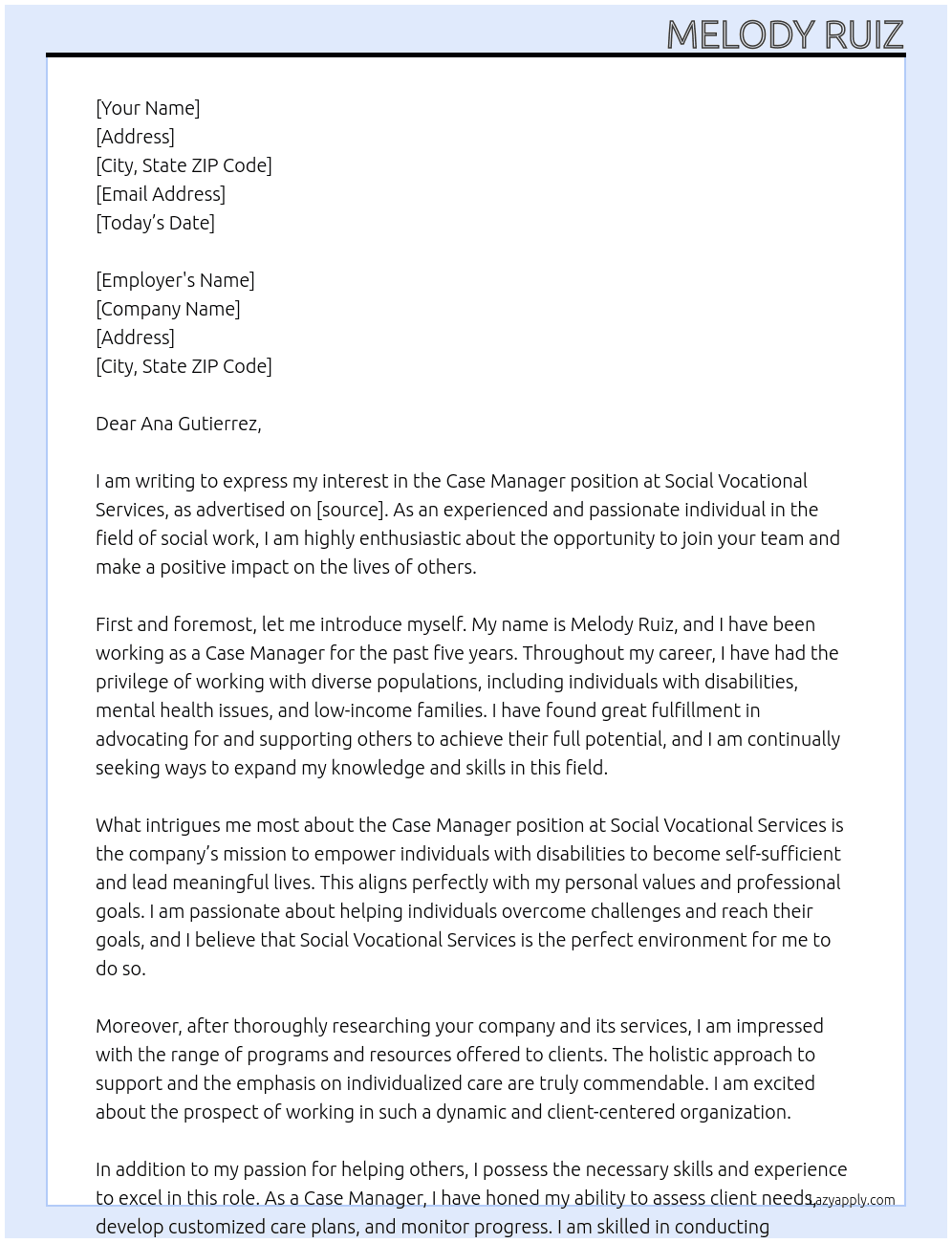 Case Manager At Social Vocational Services Cover Letter