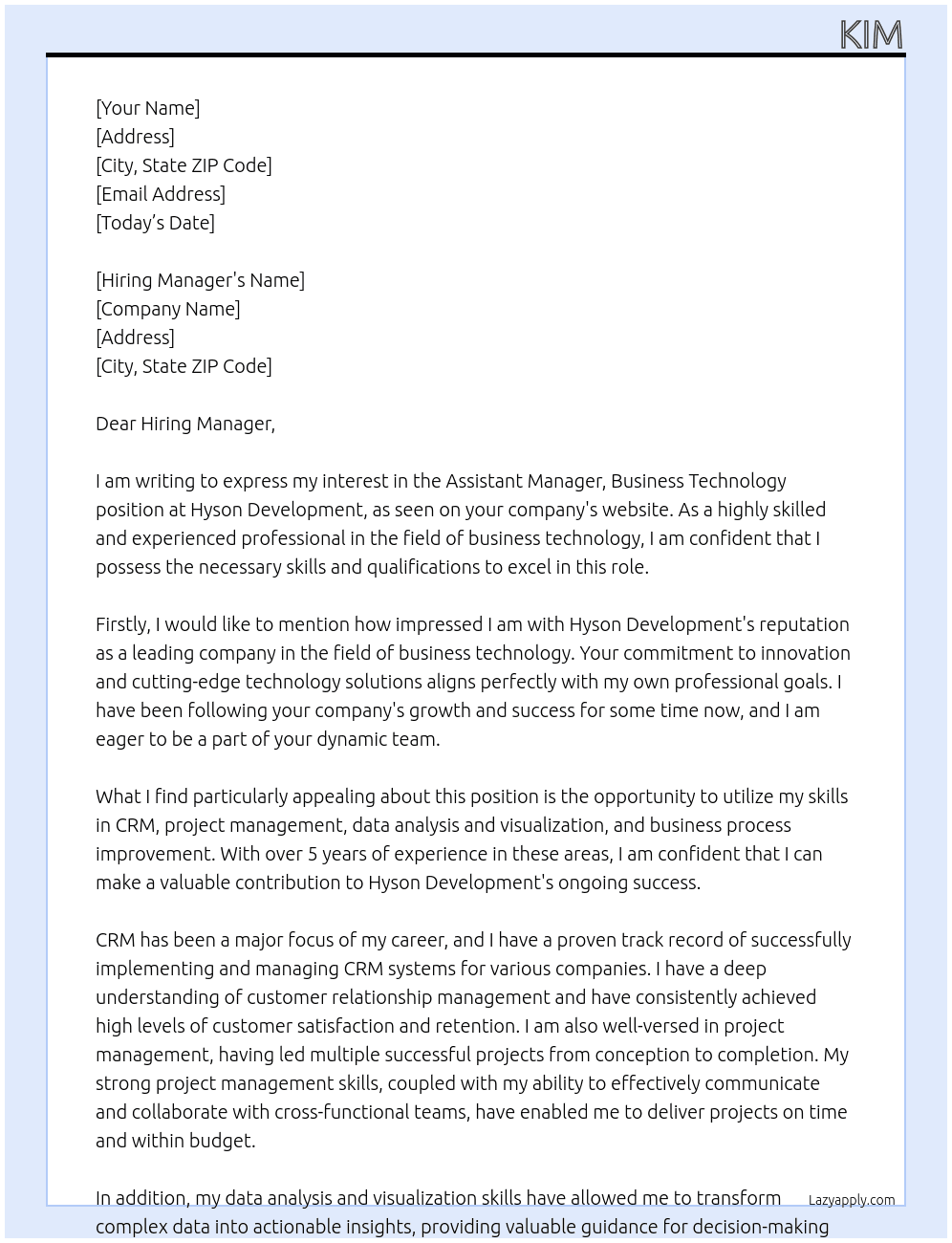 Assistant Manager, Business Technology At Hyson Development Cover Letter
