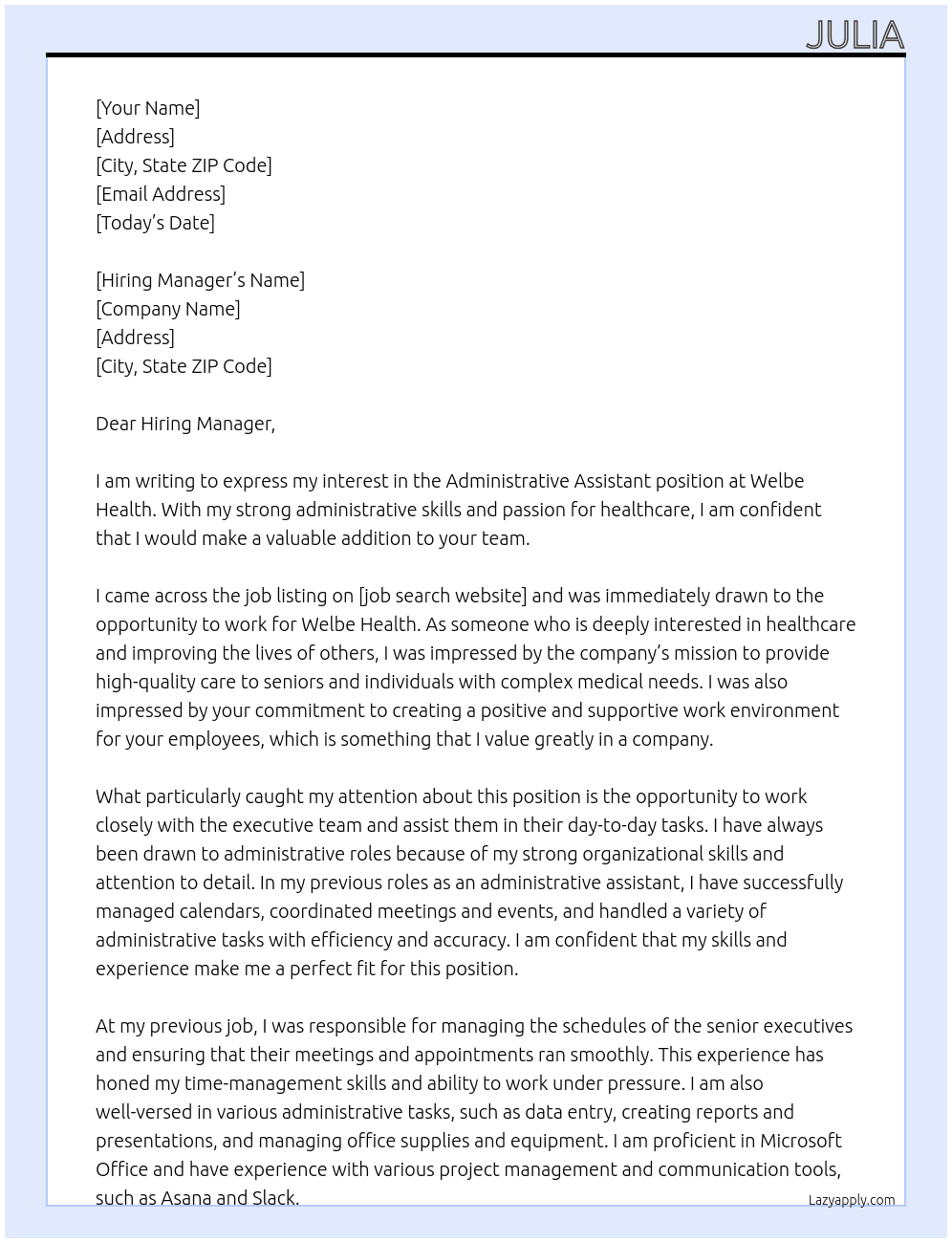 Administrative Assistant At Welbe Health Cover Letter