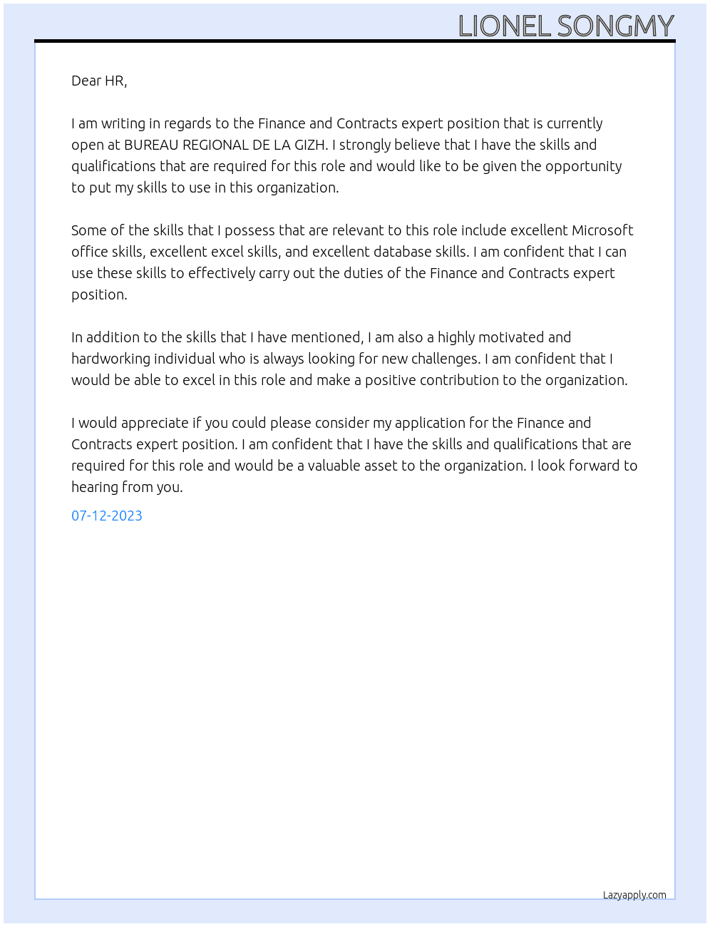 Finance and Contracts expert At BUREAU REGIONAL DE LA GIZH Cover Letter