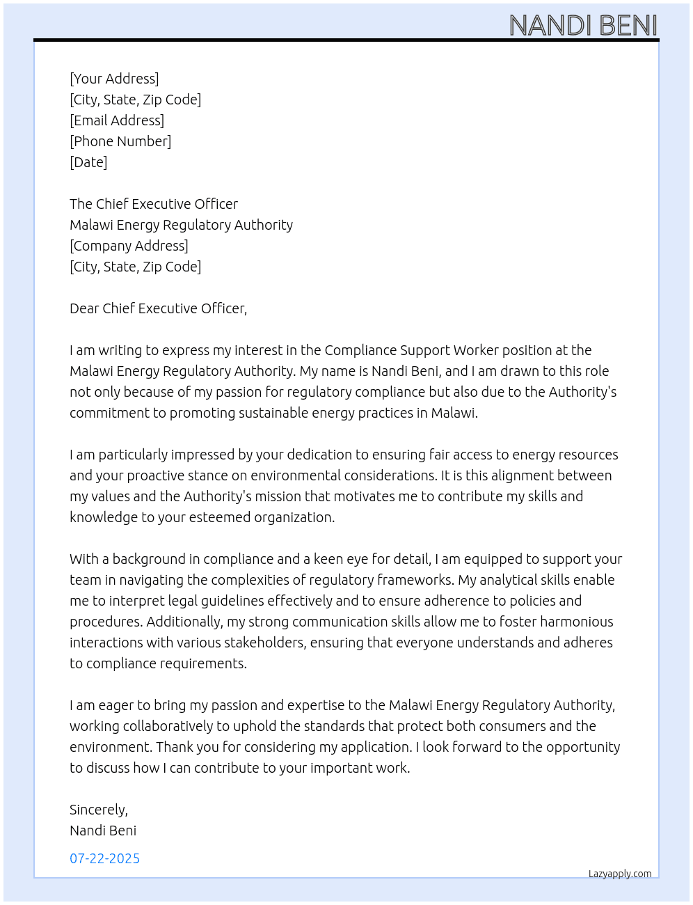Compliance Support worker  At Malawi Energy Regulatory Authority  Cover Letter