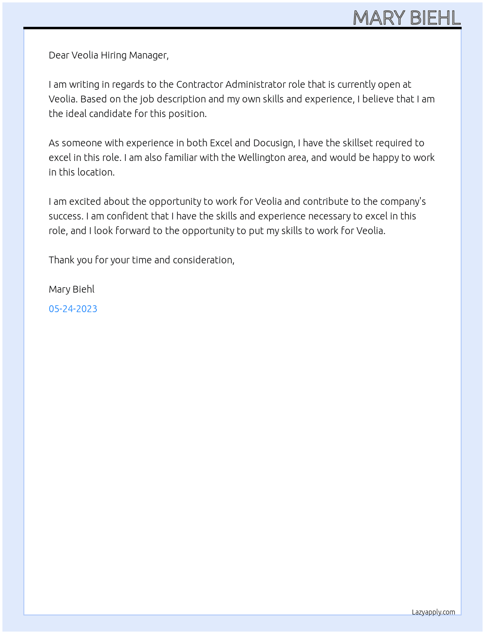 Contractor Administrator At Veolia Cover Letter
